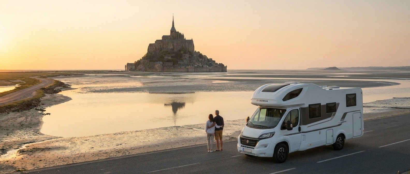 Why Knott Hire motorhome at Mont-Saint-Michel, Normandy