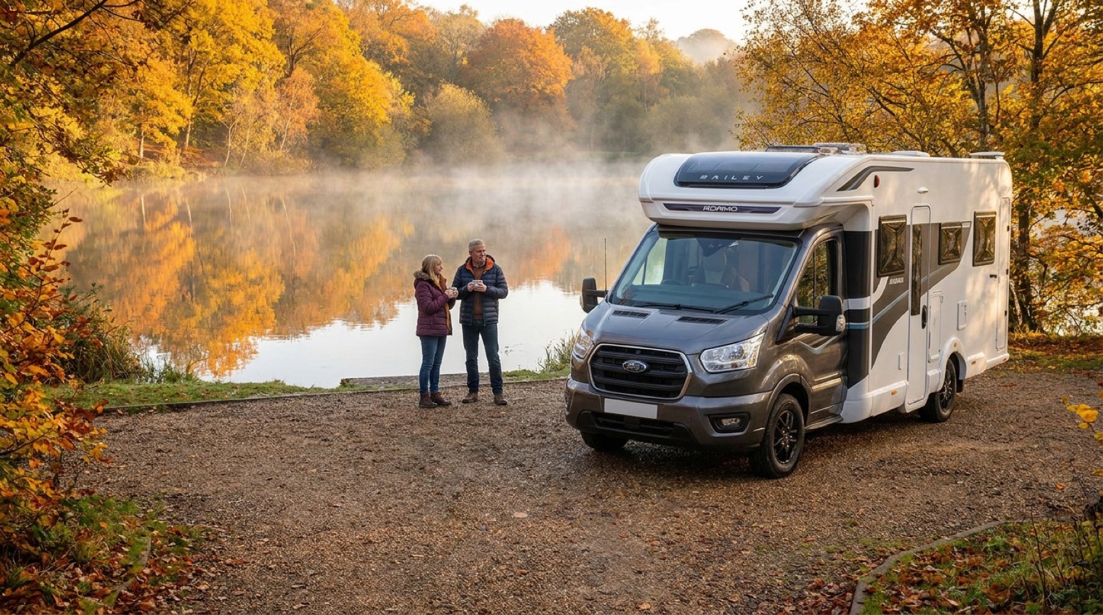 Why Knott Hire motorhome beside a calm lake on a quiet off-peak morning