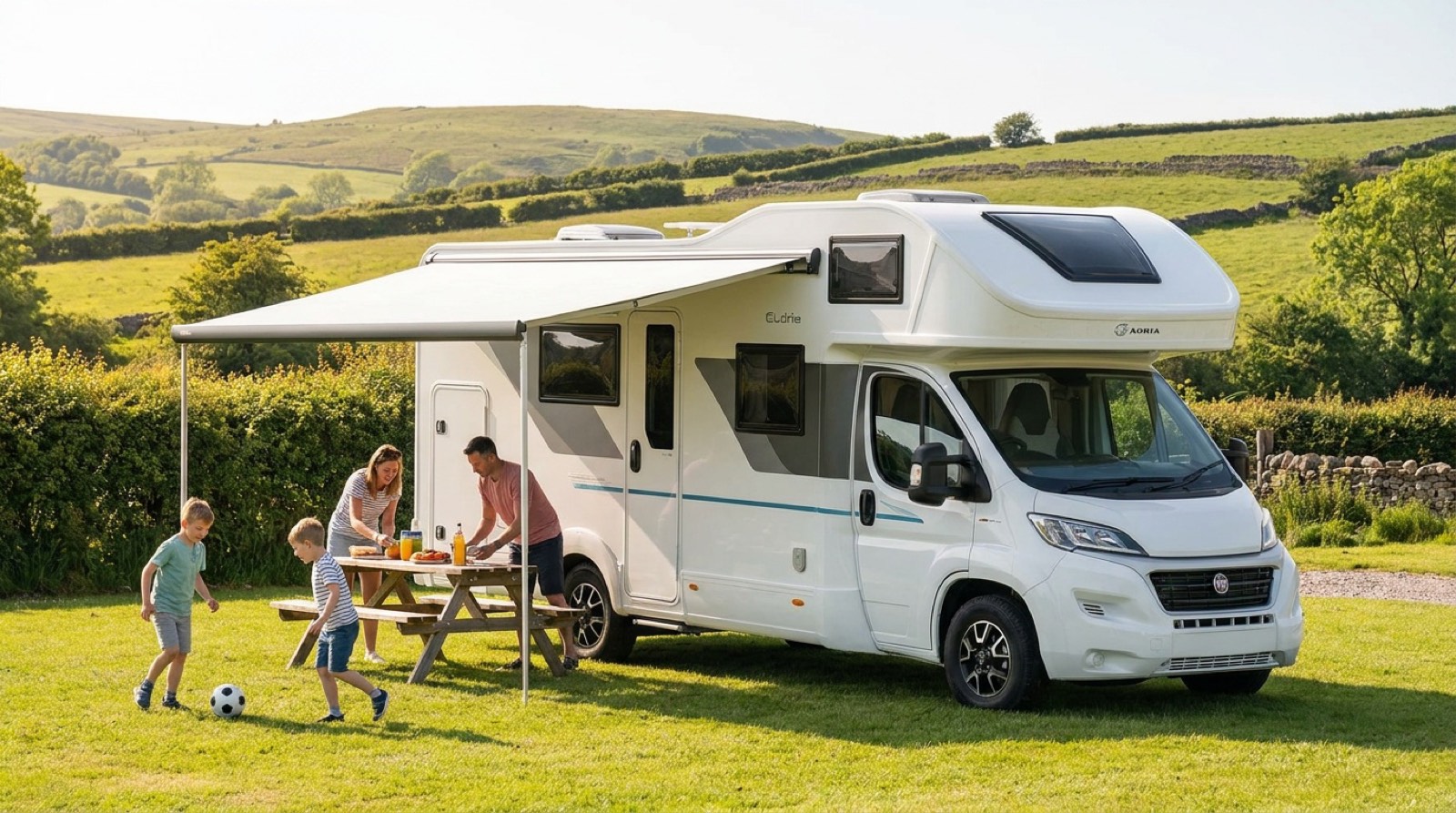 Family enjoying a campsite pitch beside a 7 berth Why Knott Hire motorhome