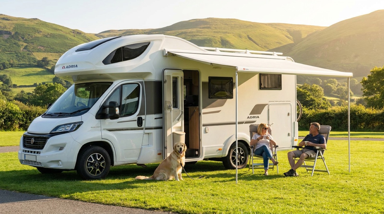Dog relaxing beside a pet-friendly Why Knott Hire motorhome on a campsite