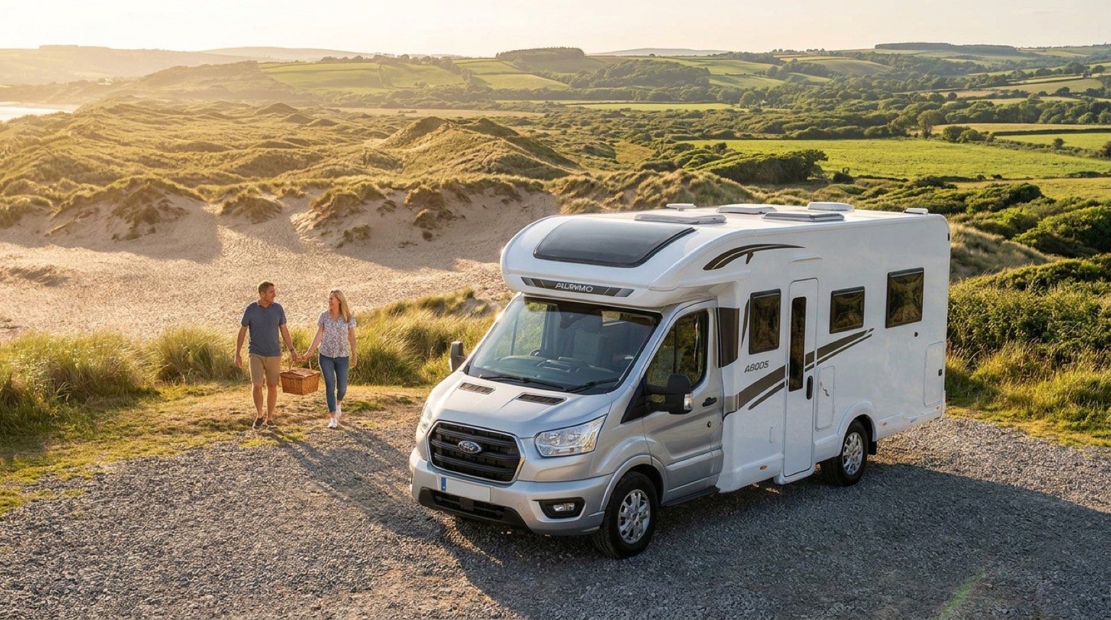 Why Knott Hire motorhome overlooking Merthyr Mawr sand dunes near Bridgend