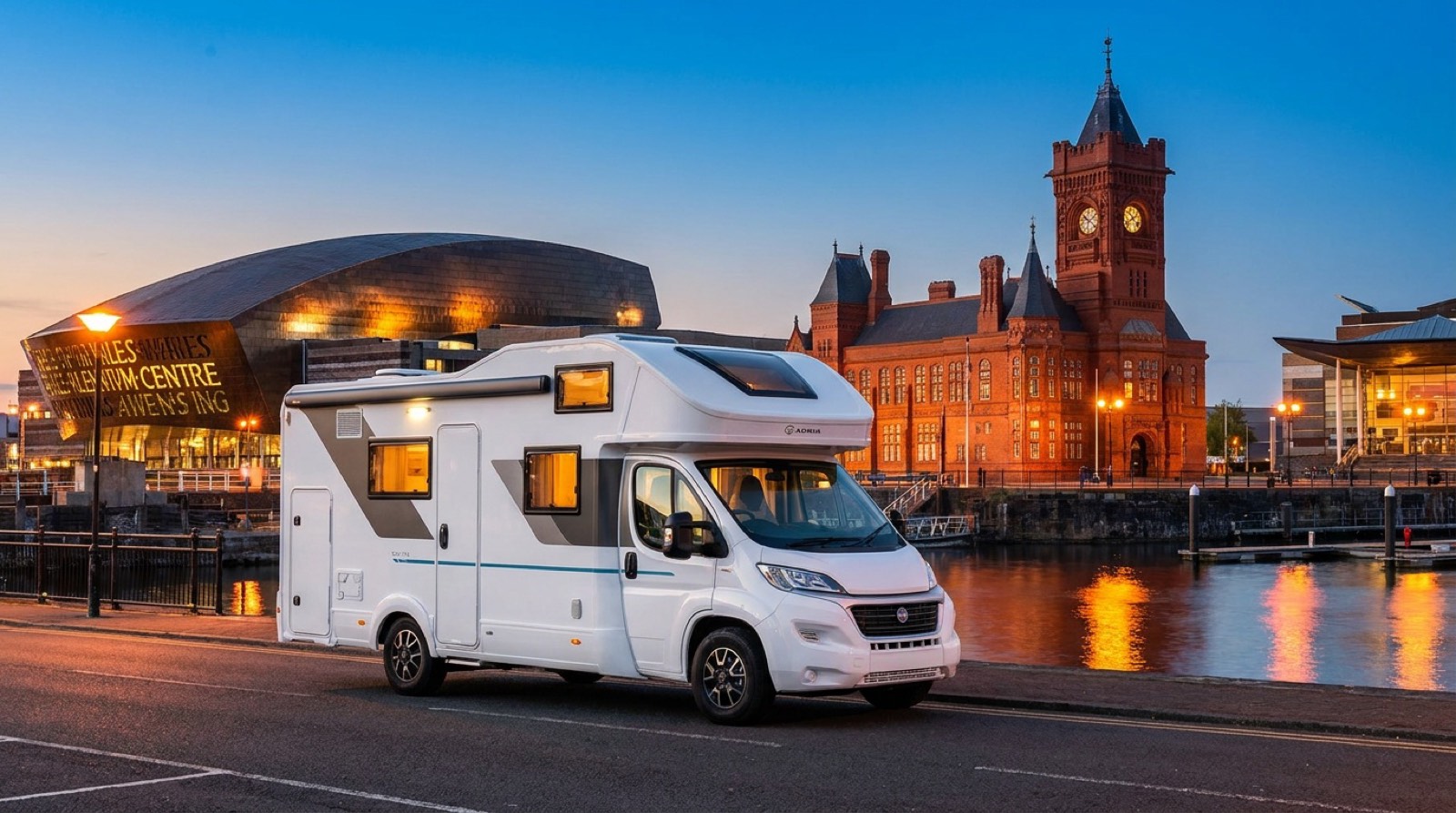 Why Knott Hire motorhome at Cardiff Bay by the Pierhead Building
