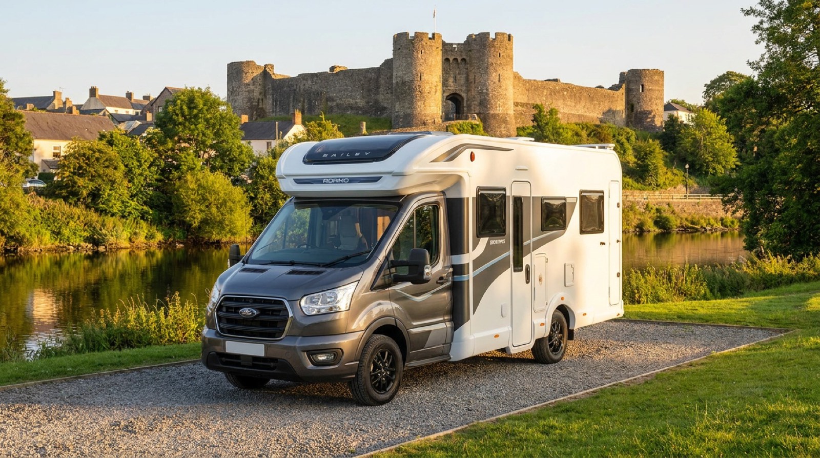 Why Knott Hire motorhome by Carmarthen Castle and the River Towy
