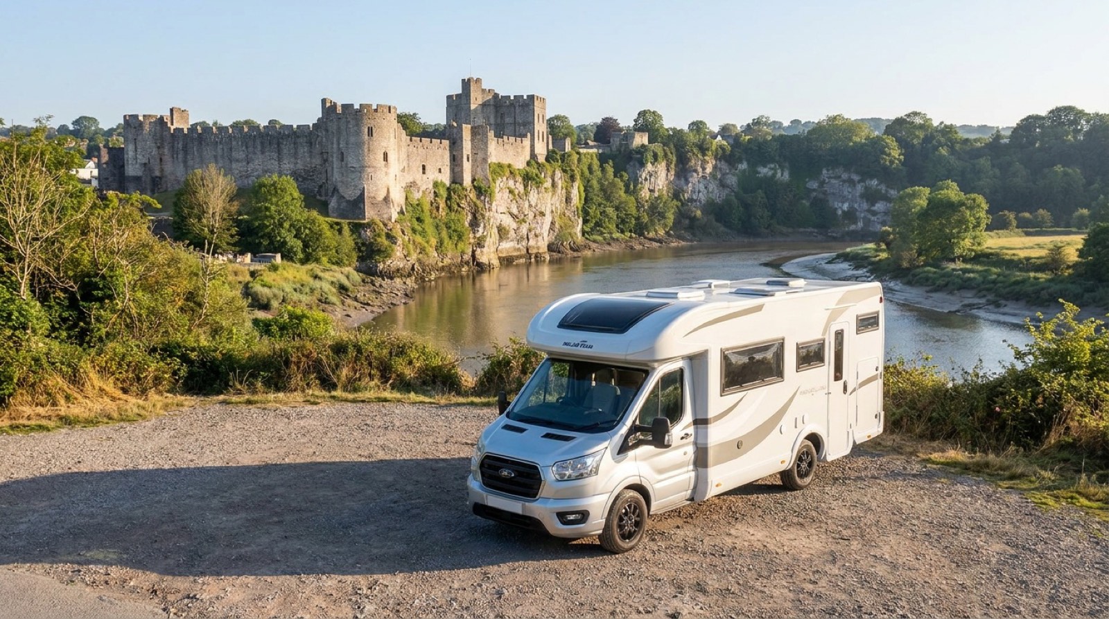 Why Knott Hire motorhome above the River Wye at Chepstow Castle