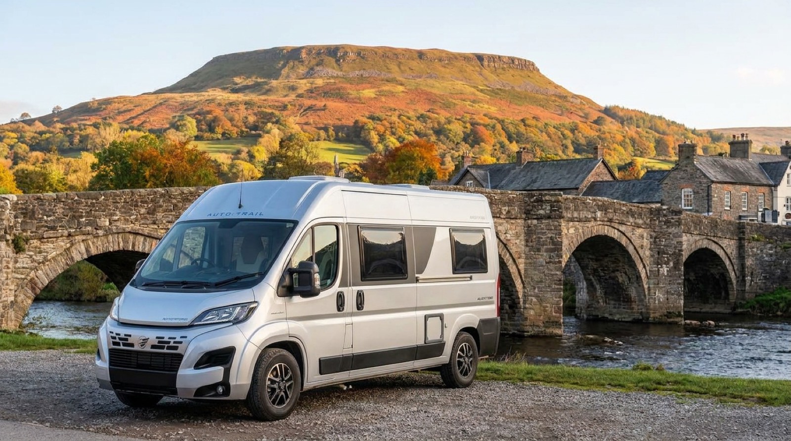 Why Knott Hire campervan by Crickhowell bridge on the River Usk
