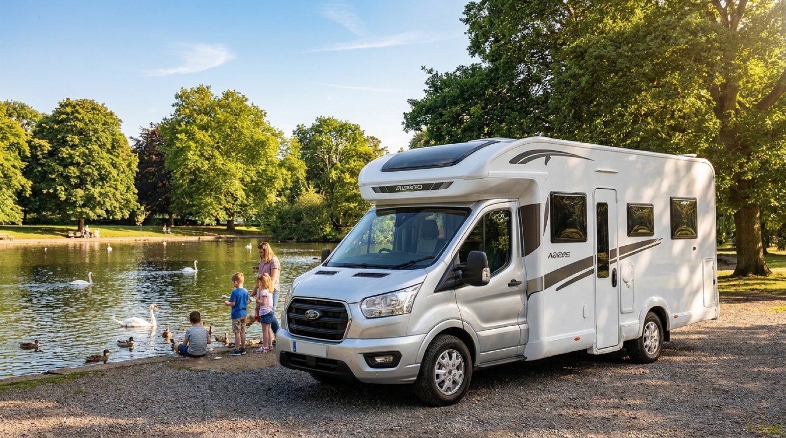 Why Knott Hire motorhome by the boating lake, Cwmbran