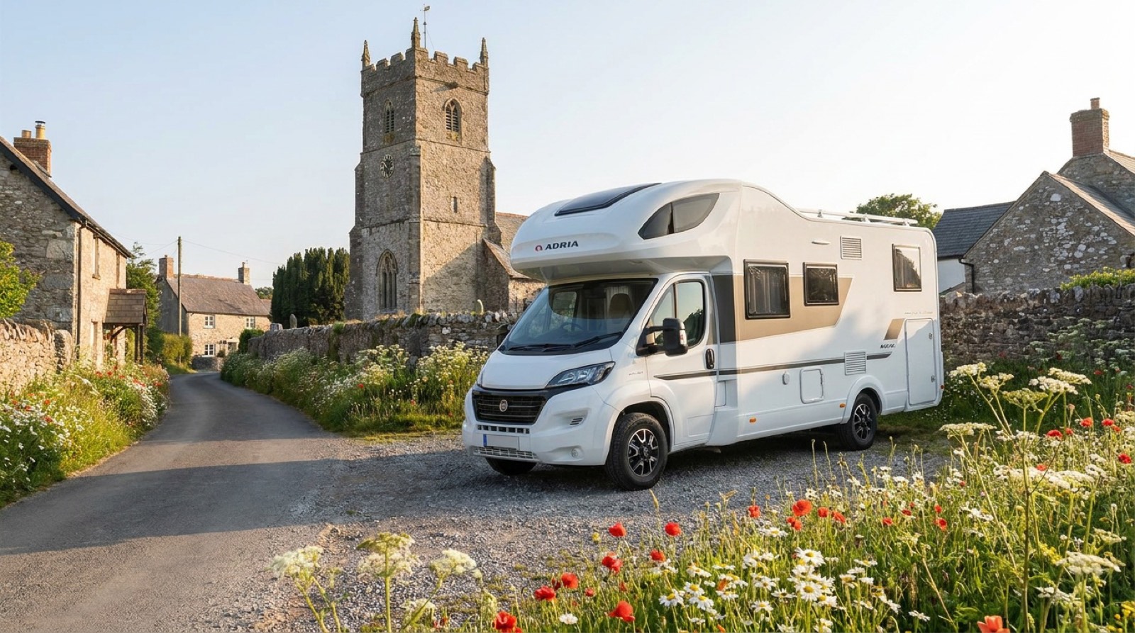 Why Knott Hire motorhome by St Illtud's Church, Llantwit Major