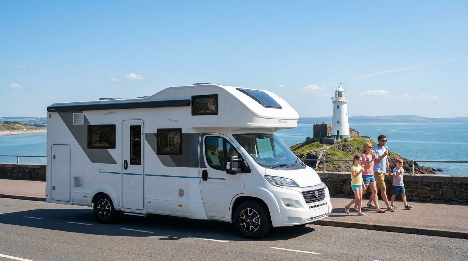 Why Knott Hire motorhome at Mumbles lighthouse, Swansea Bay