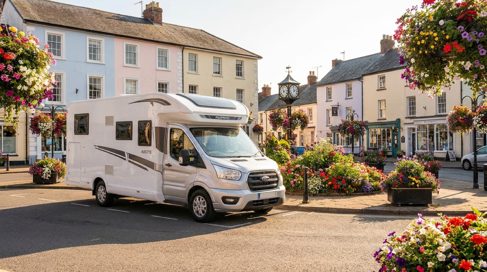 Why Knott Hire motorhome in the town square at Usk